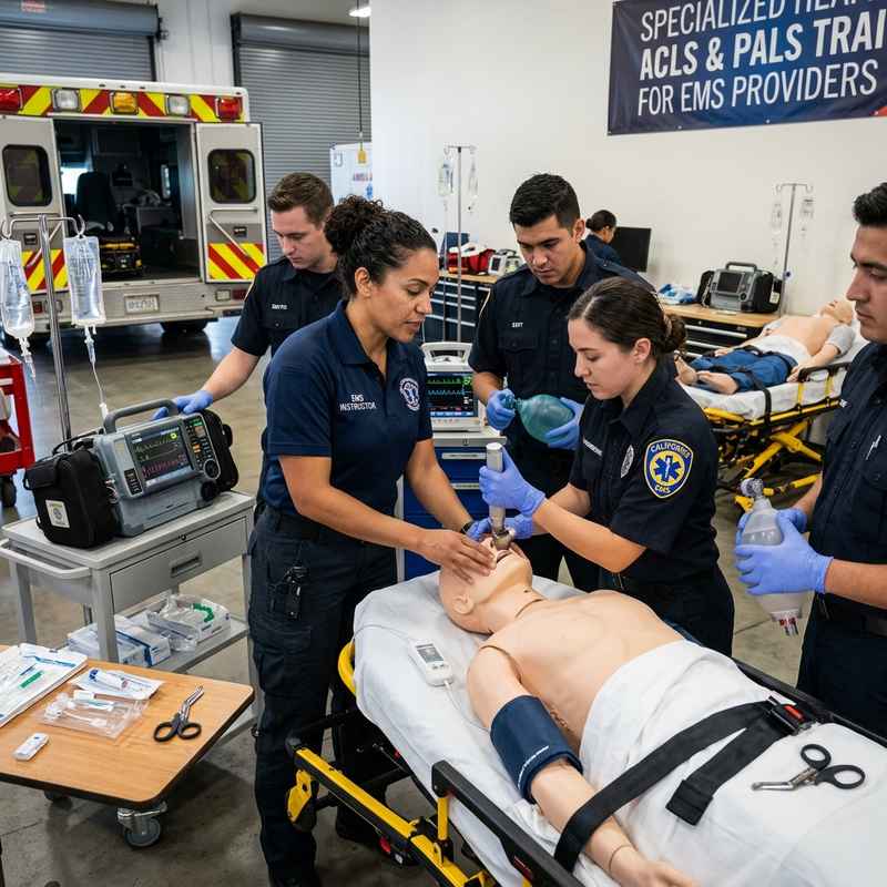 Emergency medical responders practicing airway care in a training lab